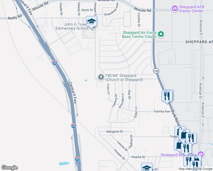 map of restaurants, bars, coffee shops, grocery stores, and more near 4721 Lois Lane in Wichita Falls