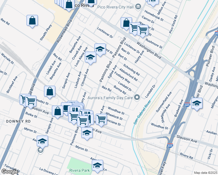map of restaurants, bars, coffee shops, grocery stores, and more near 9513 Rex Road in Pico Rivera