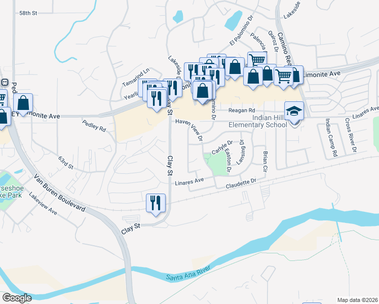 map of restaurants, bars, coffee shops, grocery stores, and more near 6292 Heatherwood Drive in Riverside
