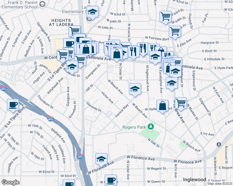 map of restaurants, bars, coffee shops, grocery stores, and more near 852 West Beach Avenue in Inglewood