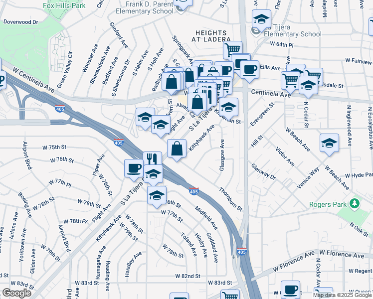 map of restaurants, bars, coffee shops, grocery stores, and more near 7110 La Tijera Boulevard in Los Angeles