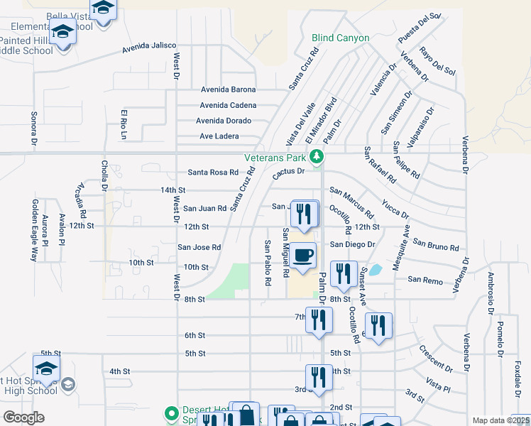 map of restaurants, bars, coffee shops, grocery stores, and more near 66315 San Juan Road in Desert Hot Springs