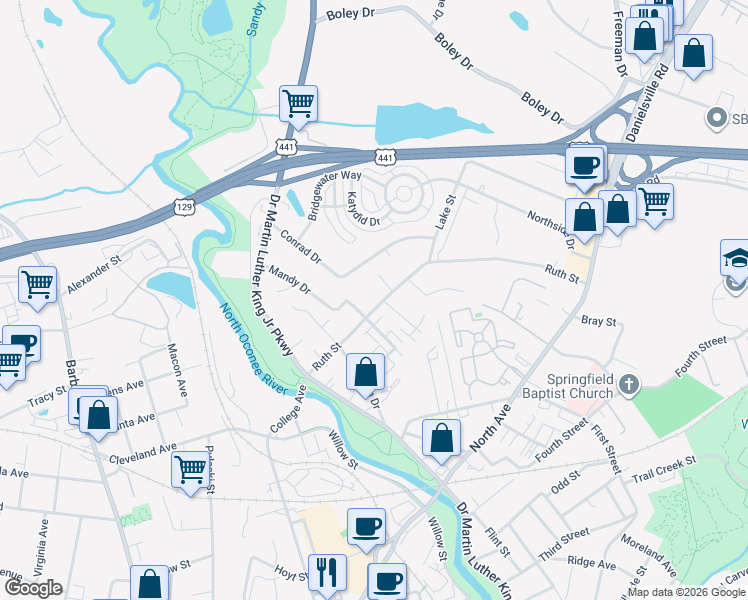 map of restaurants, bars, coffee shops, grocery stores, and more near 341 Ruth Street in Athens