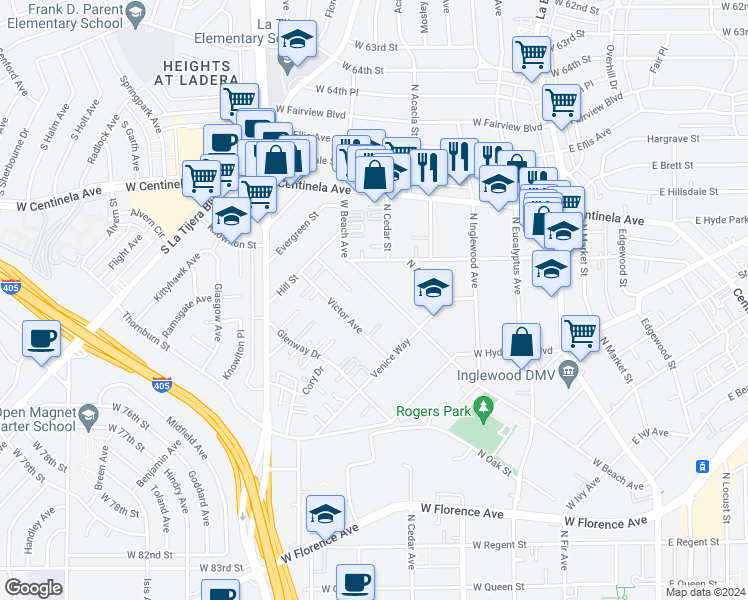map of restaurants, bars, coffee shops, grocery stores, and more near 852 West Beach Avenue in Inglewood