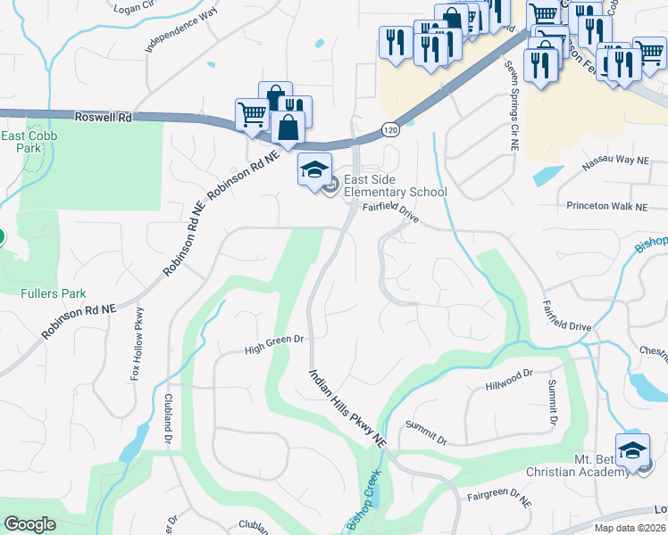 map of restaurants, bars, coffee shops, grocery stores, and more near 850 Indian Hills Parkway Northeast in Marietta