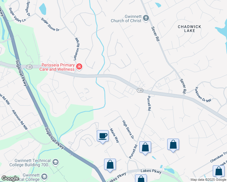map of restaurants, bars, coffee shops, grocery stores, and more near 1560 Creek Bend Lane Northwest in Lawrenceville