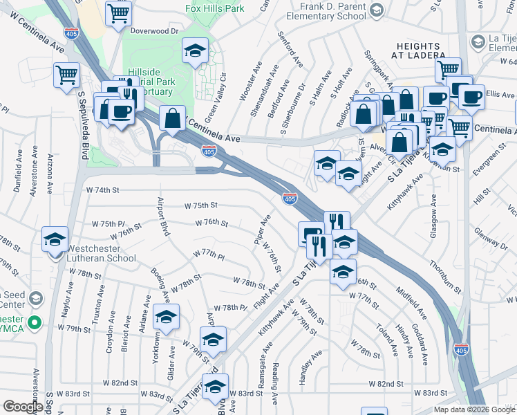 map of restaurants, bars, coffee shops, grocery stores, and more near 5821 West 75th Street in Los Angeles