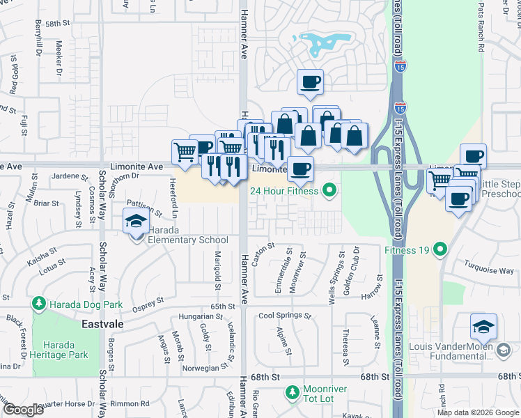 map of restaurants, bars, coffee shops, grocery stores, and more near 12549 Marco Lane in Eastvale