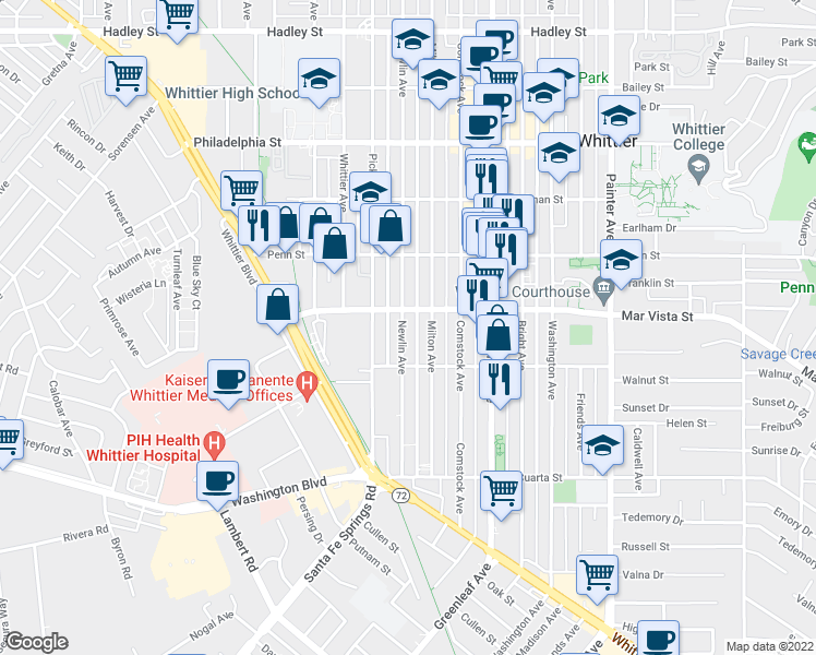 map of restaurants, bars, coffee shops, grocery stores, and more near 7618 Newlin Avenue in Whittier