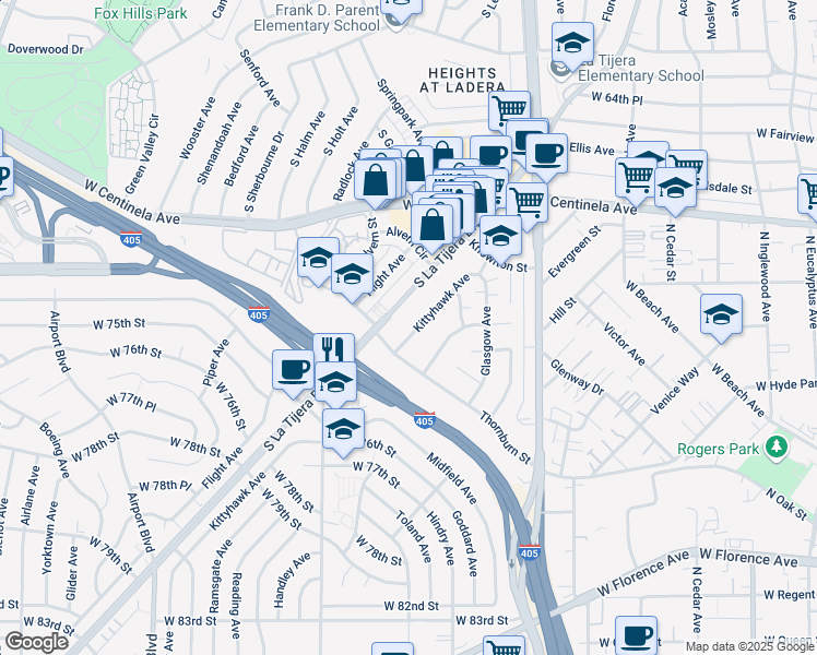 map of restaurants, bars, coffee shops, grocery stores, and more near 7110 La Tijera Boulevard in Los Angeles