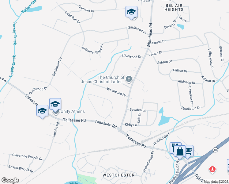 map of restaurants, bars, coffee shops, grocery stores, and more near 145 Westwood Drive in Athens