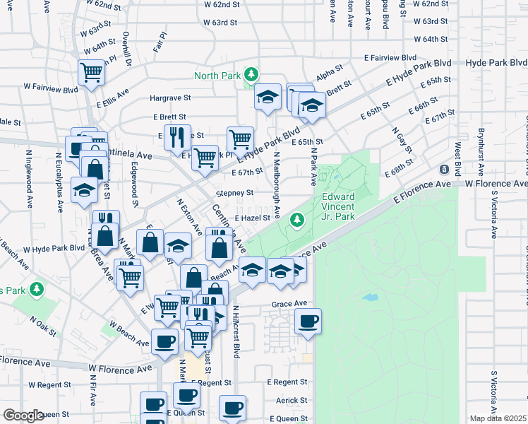 map of restaurants, bars, coffee shops, grocery stores, and more near 555 East Hazel Street in Inglewood