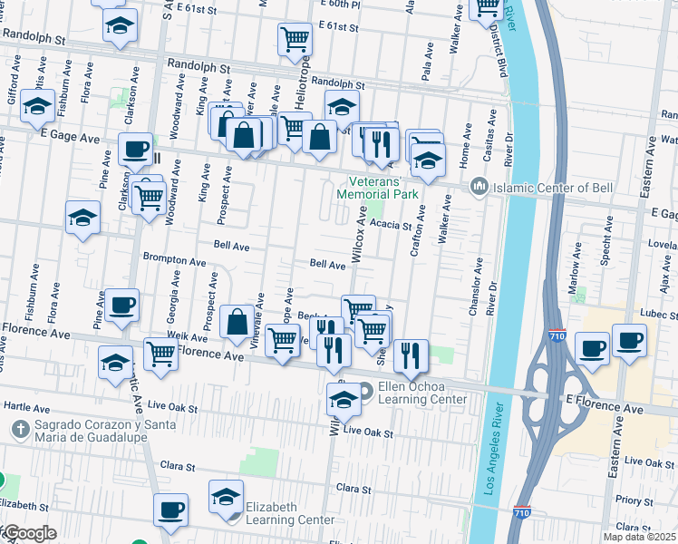 map of restaurants, bars, coffee shops, grocery stores, and more near 6725 Wilcox Avenue in Bell