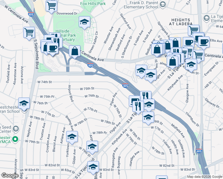 map of restaurants, bars, coffee shops, grocery stores, and more near 5821 West 75th Street in Los Angeles