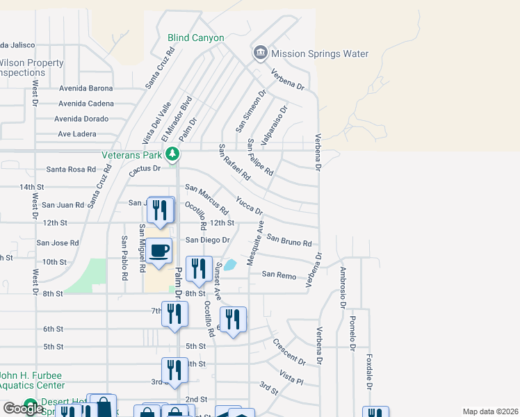 map of restaurants, bars, coffee shops, grocery stores, and more near 66759 San Rafael Road in Desert Hot Springs