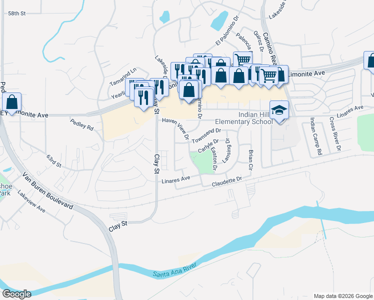 map of restaurants, bars, coffee shops, grocery stores, and more near 8072 Townsend Drive in Riverside