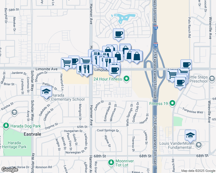 map of restaurants, bars, coffee shops, grocery stores, and more near 6297 Montedor Lane in Eastvale