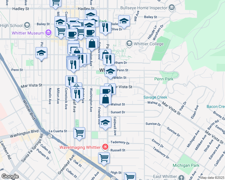 map of restaurants, bars, coffee shops, grocery stores, and more near in Whittier