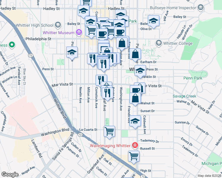 map of restaurants, bars, coffee shops, grocery stores, and more near 7607 Bright Avenue in Whittier