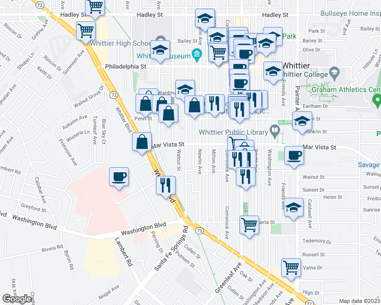 map of restaurants, bars, coffee shops, grocery stores, and more near in Whittier