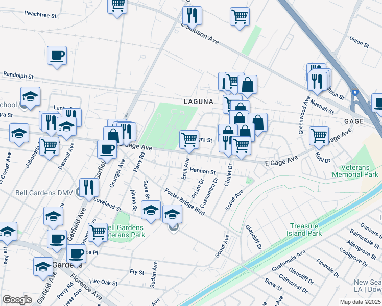 map of restaurants, bars, coffee shops, grocery stores, and more near 6712 1/2 Agra Street in Commerce