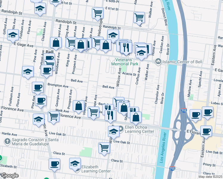 map of restaurants, bars, coffee shops, grocery stores, and more near 6725 Wilcox Avenue in Bell