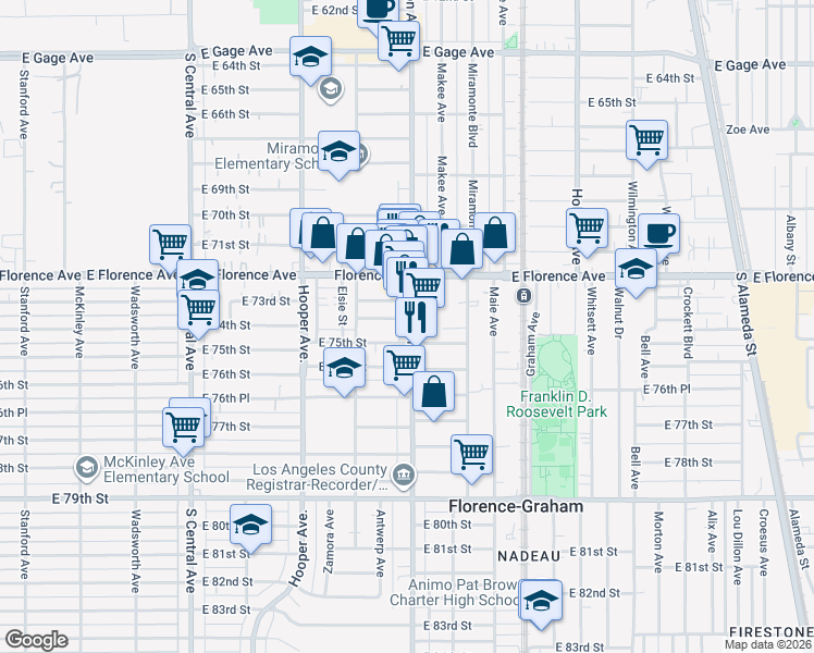 map of restaurants, bars, coffee shops, grocery stores, and more near 1526 East 77th Street in Los Angeles