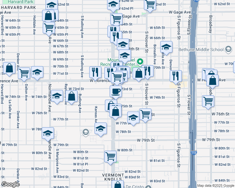 map of restaurants, bars, coffee shops, grocery stores, and more near 7300 Vermont Avenue in Los Angeles