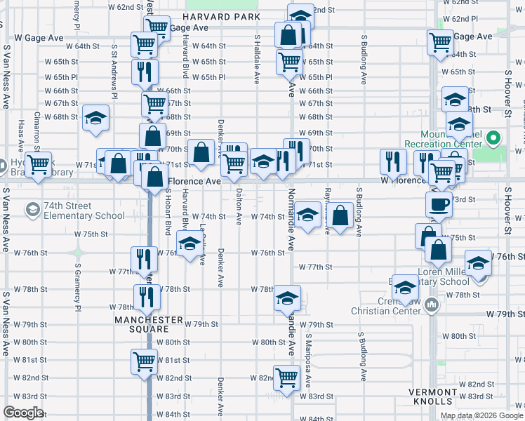map of restaurants, bars, coffee shops, grocery stores, and more near 7306 South Halldale Avenue in Los Angeles