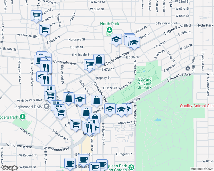 map of restaurants, bars, coffee shops, grocery stores, and more near 534 Stepney Street in Inglewood