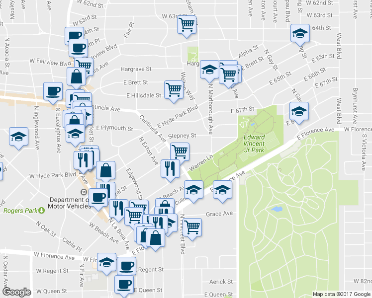 map of restaurants, bars, coffee shops, grocery stores, and more near 534 Stepney Street in Inglewood