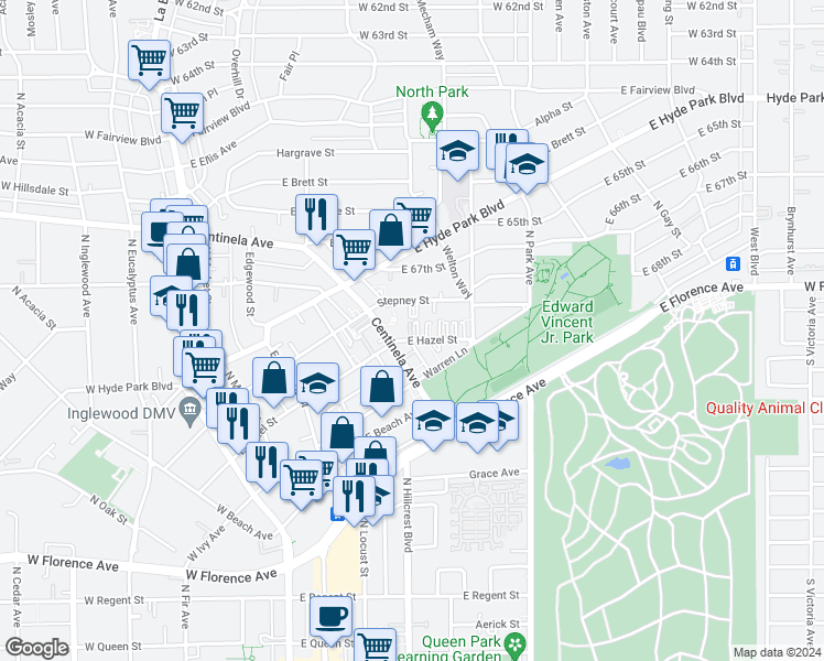 map of restaurants, bars, coffee shops, grocery stores, and more near 534 Stepney Street in Inglewood