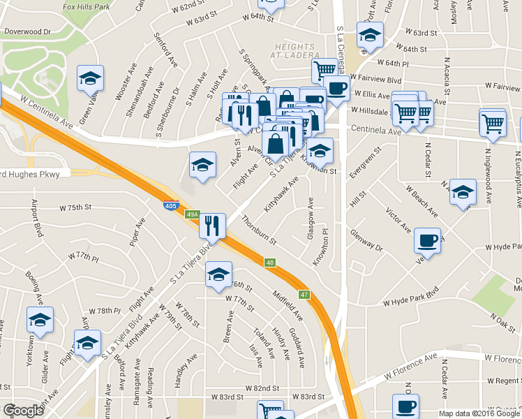map of restaurants, bars, coffee shops, grocery stores, and more near 7110 La Tijera Boulevard in Los Angeles