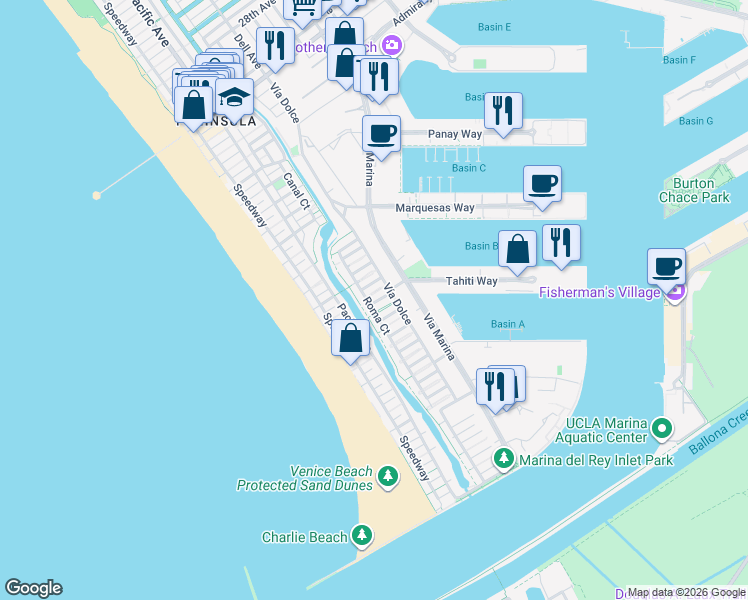 map of restaurants, bars, coffee shops, grocery stores, and more near 114 Mast Court in Marina del Rey