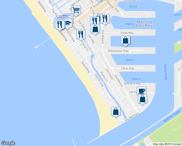 map of restaurants, bars, coffee shops, grocery stores, and more near 28 Ketch Street in Marina del Rey