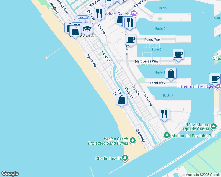 map of restaurants, bars, coffee shops, grocery stores, and more near 28 Ketch Street in Marina del Rey