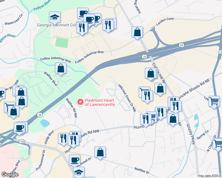 map of restaurants, bars, coffee shops, grocery stores, and more near 2712 Windy Hill Pointe Northwest in Lawrenceville