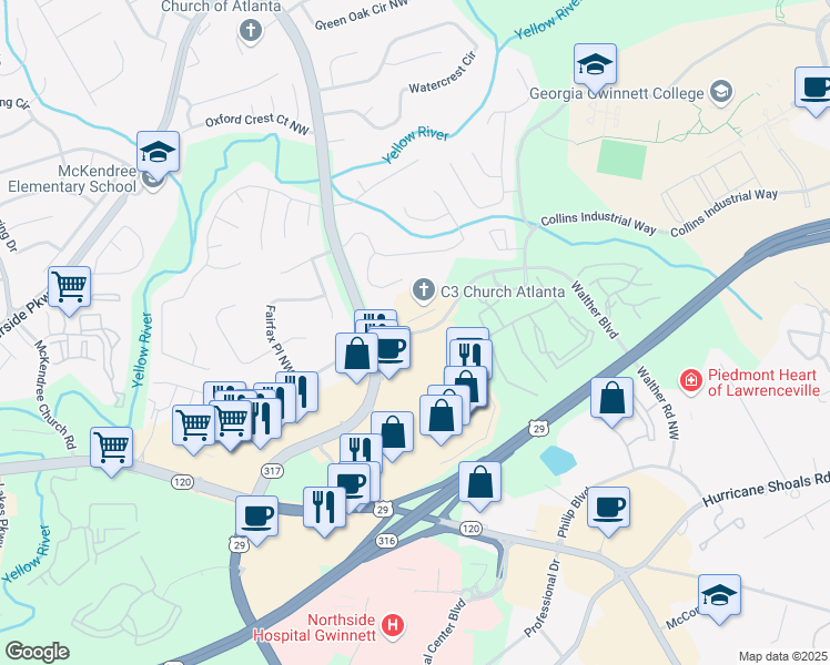 map of restaurants, bars, coffee shops, grocery stores, and more near 1065 Walther Boulevard Northwest in Lawrenceville