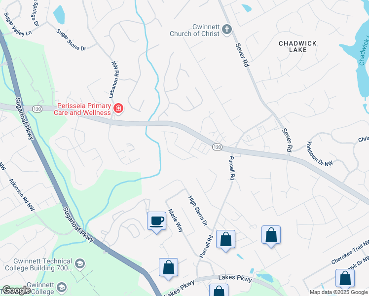 map of restaurants, bars, coffee shops, grocery stores, and more near 1539 Creek Bend Lane Northwest in Lawrenceville
