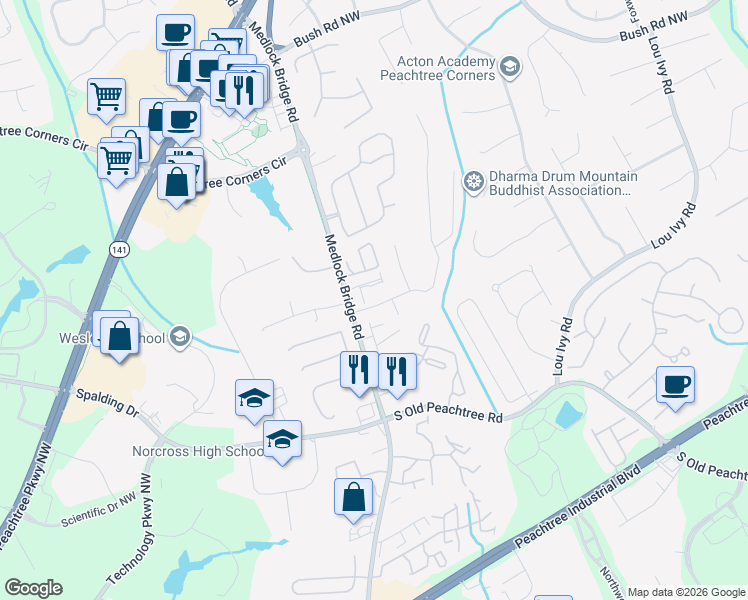 map of restaurants, bars, coffee shops, grocery stores, and more near 3595 Stanton Lane in Peachtree Corners