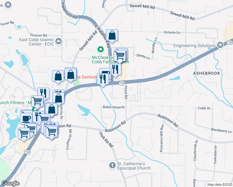 map of restaurants, bars, coffee shops, grocery stores, and more near 999 Hood Road in Marietta