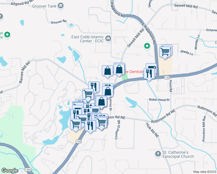 map of restaurants, bars, coffee shops, grocery stores, and more near 2249 Roswell Road in Marietta