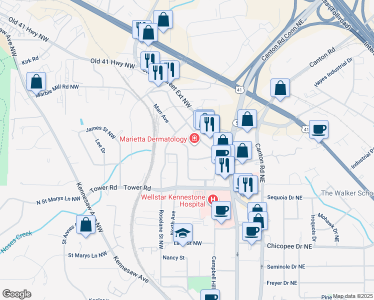 map of restaurants, bars, coffee shops, grocery stores, and more near 271 White Street in Marietta