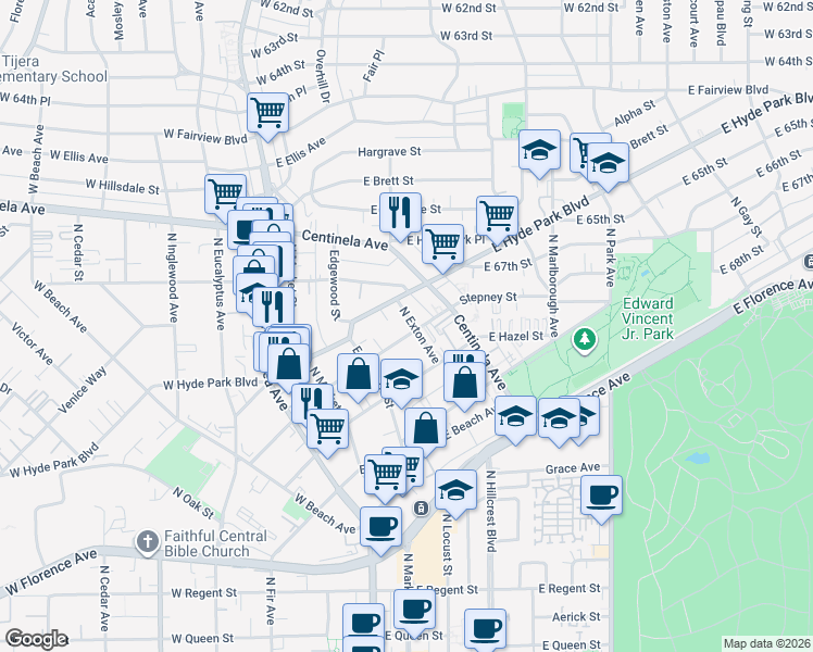 map of restaurants, bars, coffee shops, grocery stores, and more near 405 Stepney Street in Inglewood
