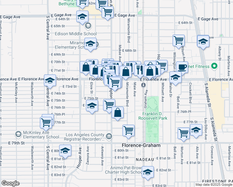 map of restaurants, bars, coffee shops, grocery stores, and more near 7316 Compton Avenue in Los Angeles