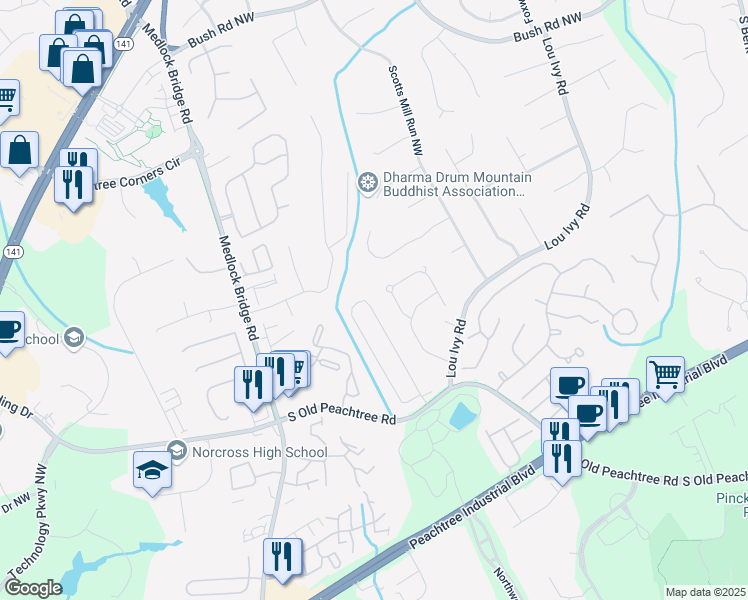 map of restaurants, bars, coffee shops, grocery stores, and more near 3545 Highcroft Circle Northwest in Norcross