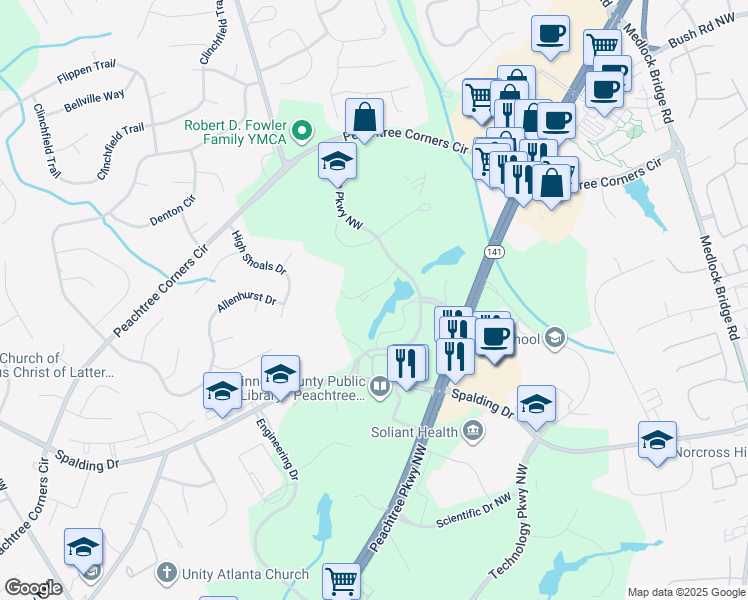 map of restaurants, bars, coffee shops, grocery stores, and more near 5445 Triangle Parkway Northwest in Norcross