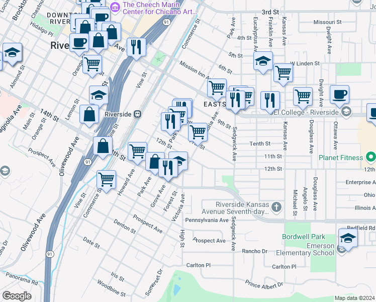 map of restaurants, bars, coffee shops, grocery stores, and more near 2743 12th Street in Riverside