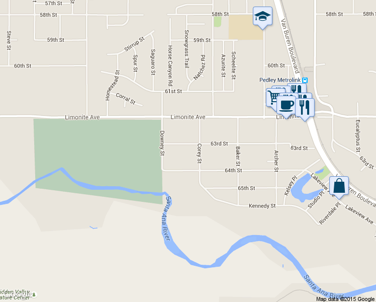 map of restaurants, bars, coffee shops, grocery stores, and more near 9266 63rd Street in Riverside