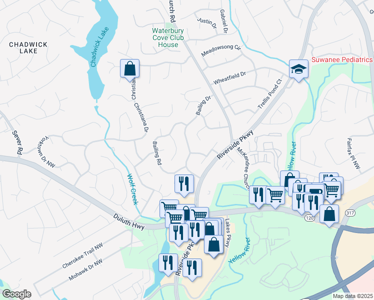 map of restaurants, bars, coffee shops, grocery stores, and more near 1241 Bailing Drive in Lawrenceville